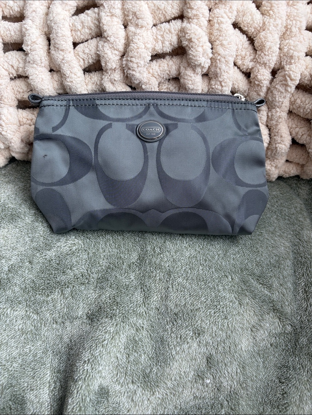 Coach Gray Signature Zip Cosmetic Pouch